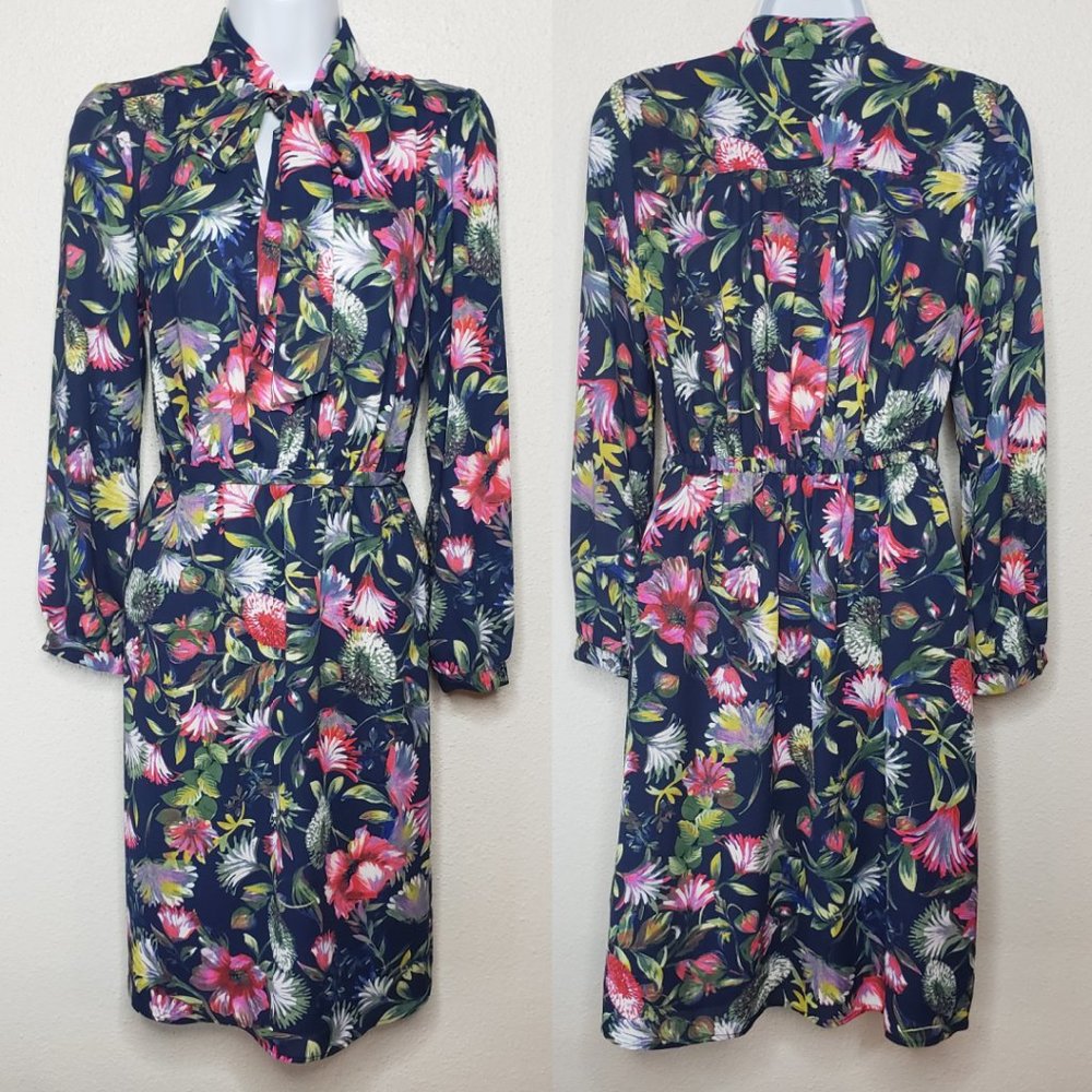 Jcrew Sz XS Tie-Neck Navy Floral Print Sheer Top Midi Dress (475)